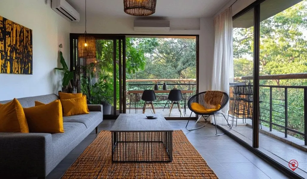 Sala de estar integrada à varanda em um imóvel sob gestão da ATTO Stays, com vista para o verde